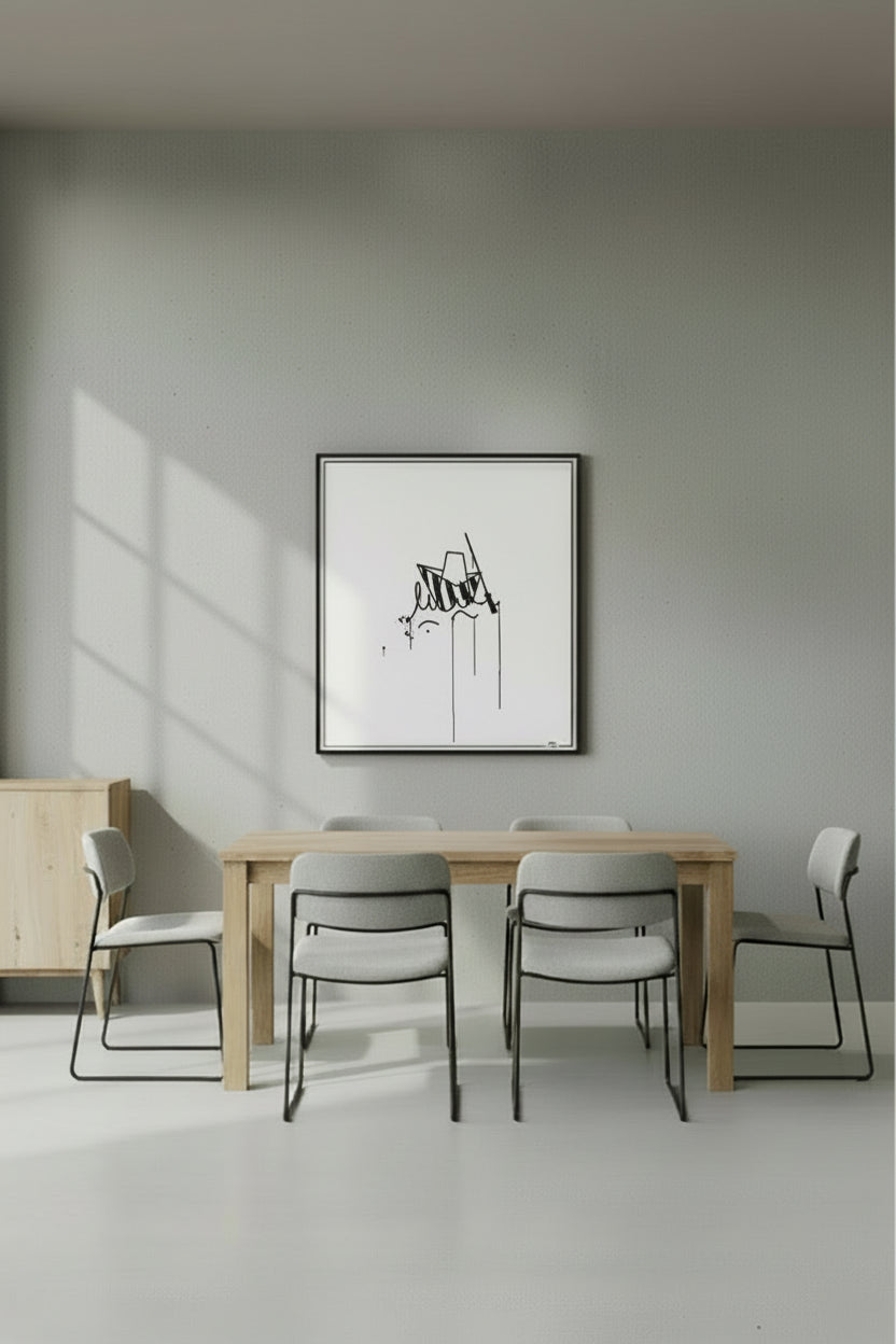 Gerahmter Kunstdruck „Ulmer Schachtel“ in 40×50 cm an einer Esszimmerwand; minimalistisches Urban-Line-Art Motiv in moderner skandinavischer Einrichtung.