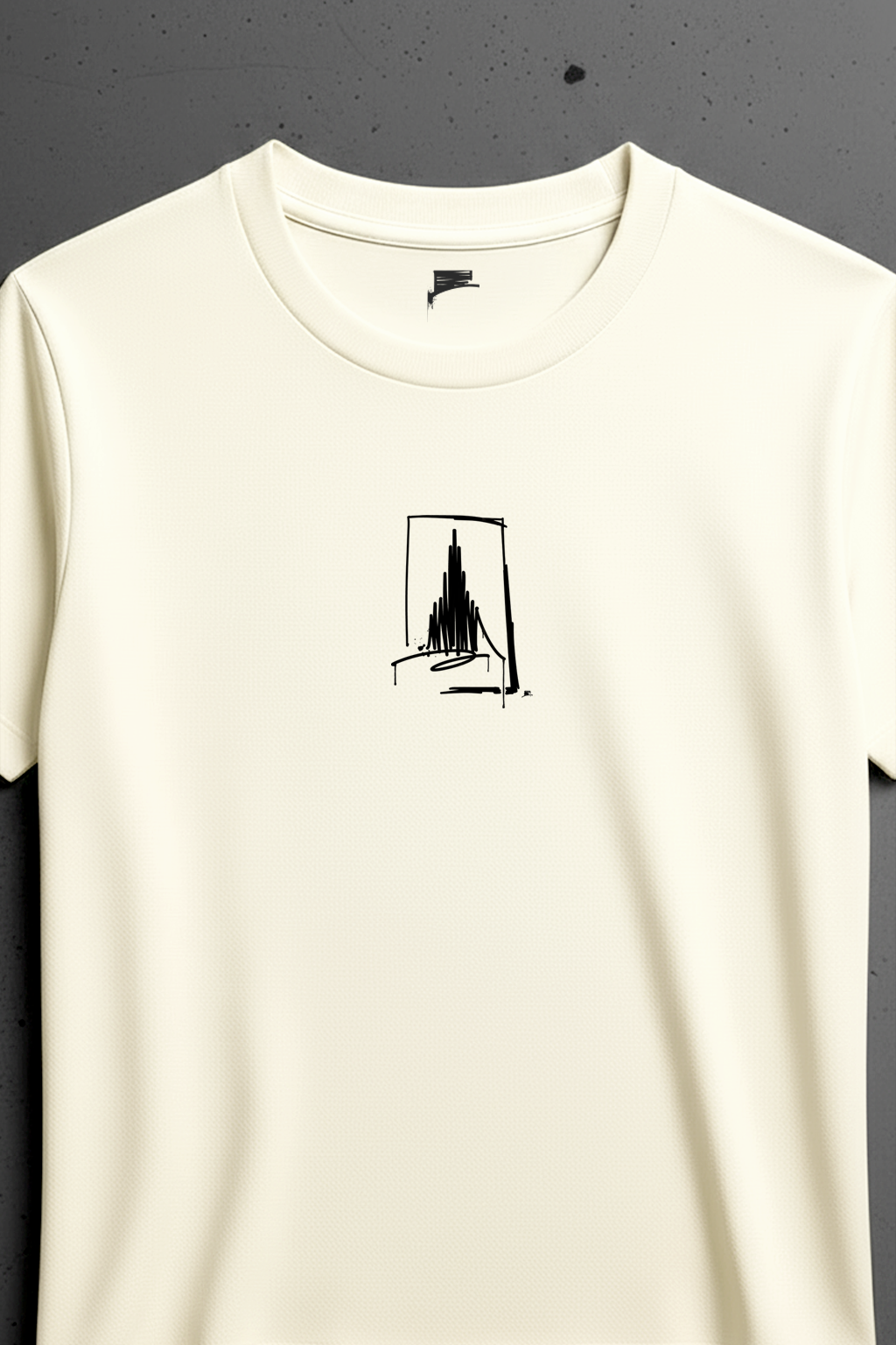 Detailaufnahme eines Off-White Urban-Art T-Shirts mit schwarzem Münster-Line-Art-Print vor dunklem Betonhintergrund.