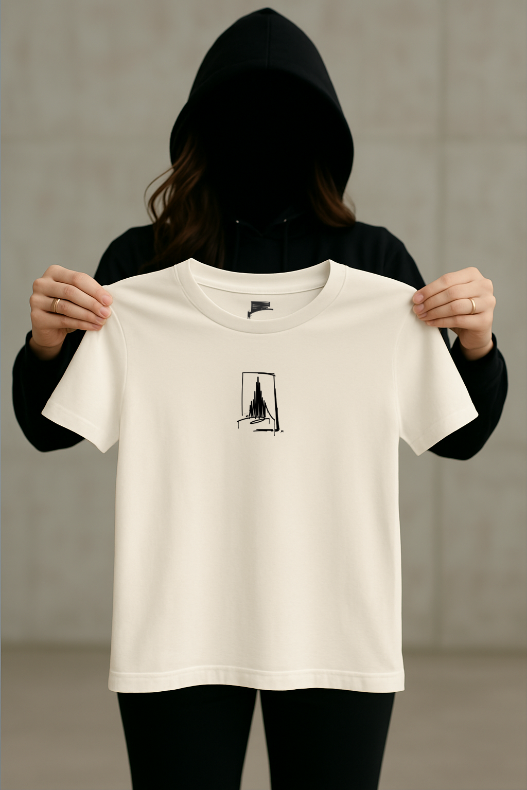 Off-White Urban-Art T-Shirt mit schwarzem Münster-Line-Art-Print, von einer Person im Hoodie vor neutralem Hintergrund gehalten.