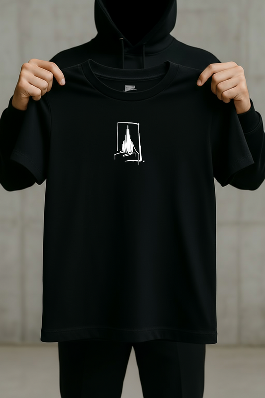 Schwarzes Urban-Art T-Shirt mit weißem Münster-Line-Art-Print, von einer schwarz gekleideten Person vor neutralem Hintergrund gehalten.