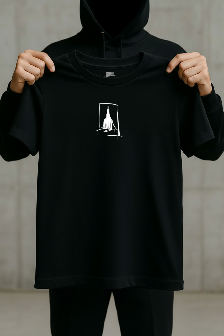 Schwarzes Urban-Art T-Shirt mit weißem Münster-Line-Art-Print, von einer schwarz gekleideten Person vor neutralem Hintergrund gehalten.