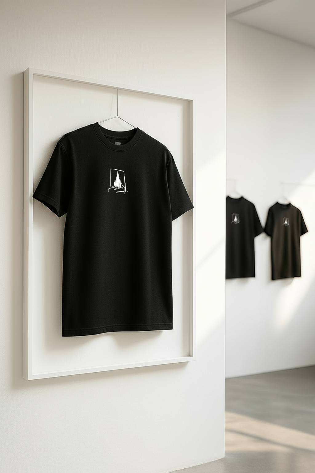 Schwarzes Urban-Art T-Shirt mit weißem Münster-Line-Art-Print, präsentiert hängend in einem minimalistischen weißen Rahmen in einer modernen Galerieumgebung.